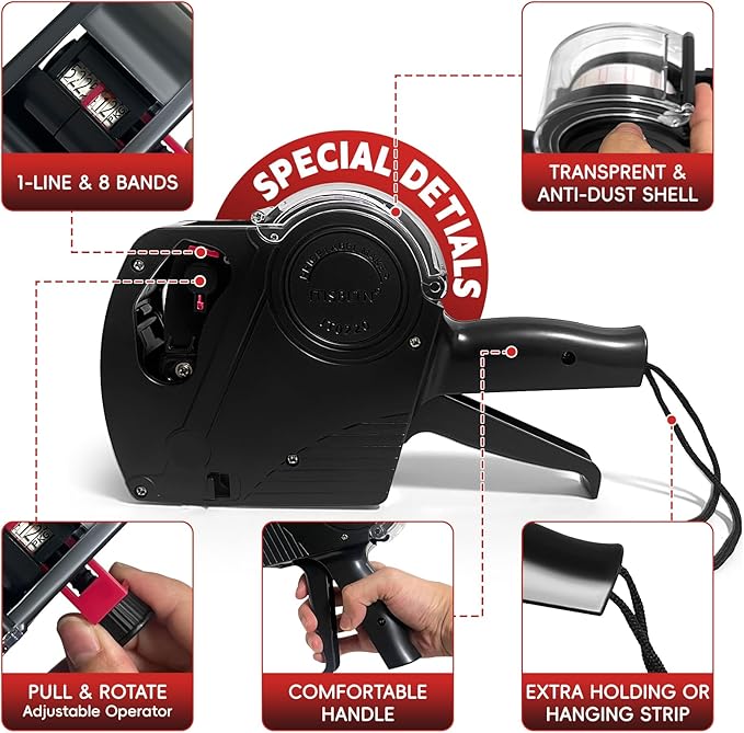1 Line Price Gun & 8 Characters Price Tag Gun Black Pricing Gun Kit – Includes 5,000 Blank White Price Labels, 2 Ink Rollers, 1 Ink roll pre-Loaded