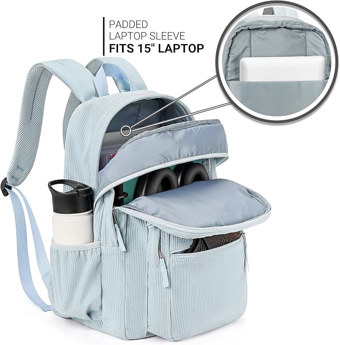 ZORFIN 26L Backpack for School, College, and Travel: Corduroy Bookbag with 8 Compartments - Sky Blue