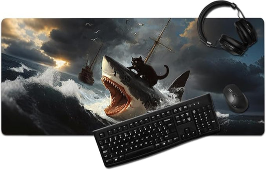 Funny Black Cat Mouse Pad, Abstract Quirky Cat and Shark Mousepad - Large Non-Slip Desk Mat for Office, PC & Laptop - 35.5"x15.7" x 3mm