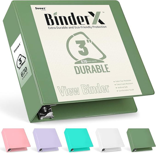 Sooez BinderX Extra Durable 3 Inch 3 Ring Binder, D-Ring Large Binder, Holds 670 Sheets of 8.5x11 Paper, Customizable View Cover with Inside Pockets, Heavy Duty 3 Ring Binder for School, Olive Green