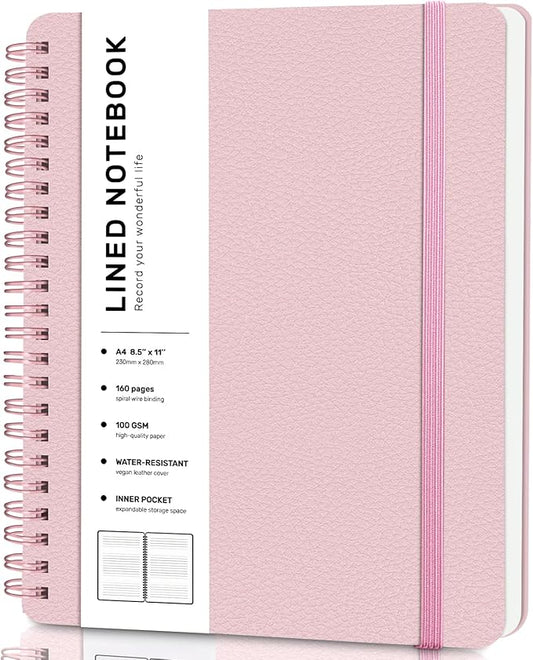 Lined Spiral Journal Notebook, A4 Spiral Notebook, 8.5''×11'' 100GSM Thick Paper Spiral Bound Journaling Notebooks for Work, School, Women, College Ruled Spiral Notebook for Note Business, Pink