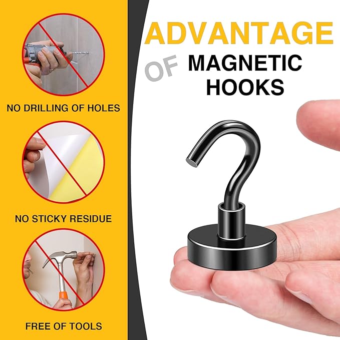 DIYMAG Outdoor Hooks for Hanging String Lights, Balck Magnetic Hooks Strong 80lbs+ Hanging Party Light Wall Cable 2025 Cruise Cabin Ship Essentials Heavy Duty Strong Magnets for Outside Grill 10PCS