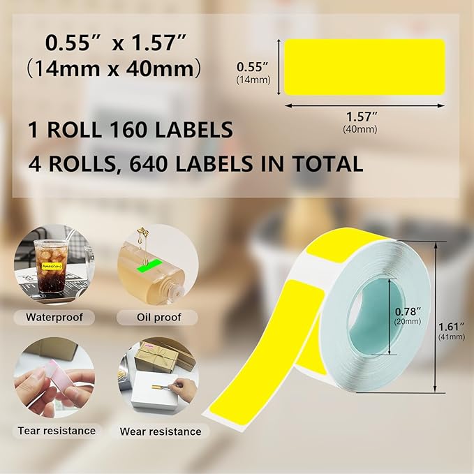 Thermal Label Tape Colored 14x40mm Yellow Printable Return Address Labels 14mm Waterproof Stickers Compatible with D30 Portable Thermal Printer, 4 Rolls, 640pcs, 0.55"x1.57"