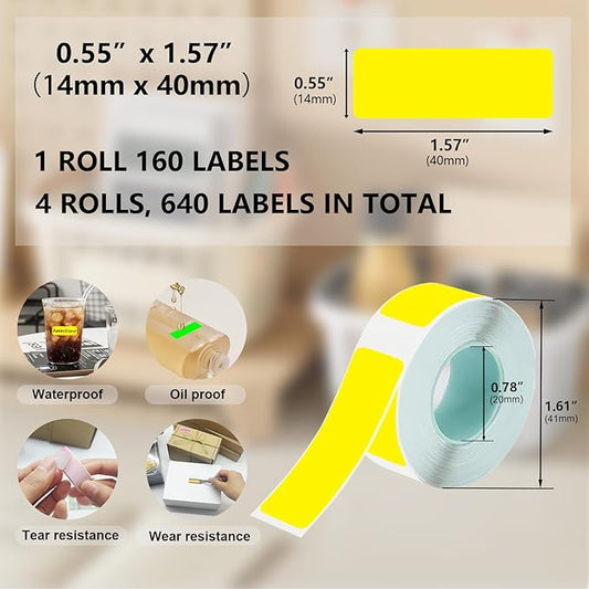 Thermal Label Tape Colored 14x40mm Yellow Printable Return Address Labels 14mm Waterproof Stickers Compatible with D30 Portable Thermal Printer, 4 Rolls, 640pcs, 0.55"x1.57"