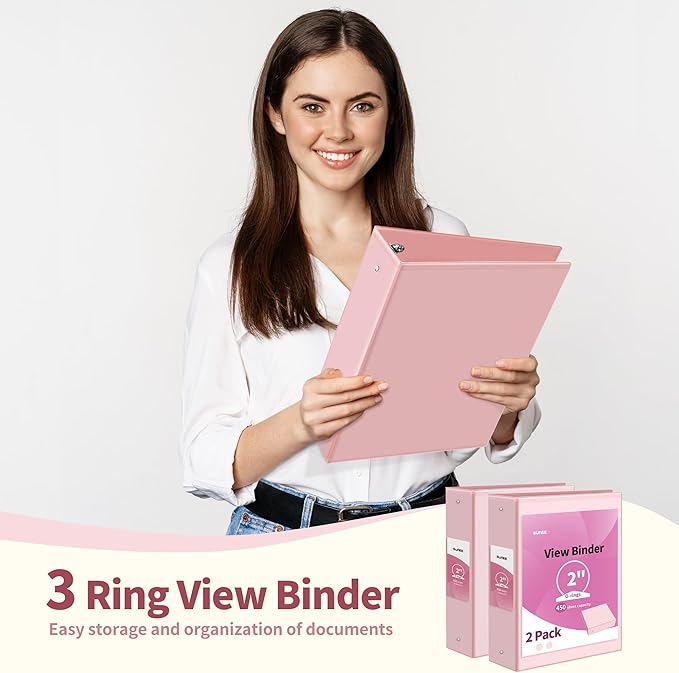 SUNEE 3 Ring Binder 2 Inch 2 Pack, Clear View Binder Three Ring PVC-Free (Fit 8.5x11 Inches) for School or Office Supplies, Pink