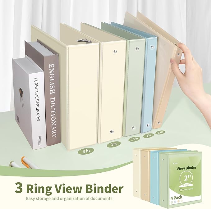 SUNEE 3 Ring Binder 2 Inch 2 Pack, Clear View Three Ring PVC-Free (Fit 8.5x11 Inches) for School or Office Supplies, Sage Green