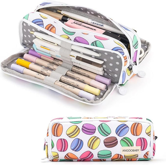 ANGOOBABY Large Pencil Case Big Capacity 3 Compartments Canvas Pencil Pouch for Teen Boys Girls School Students (White Macaron)