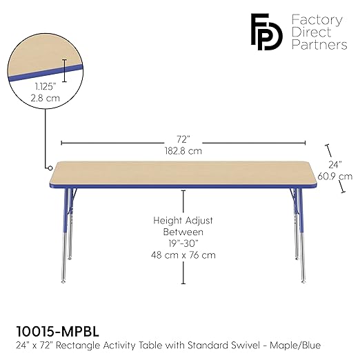 Factory Direct Partners FDP Rectangle Activity School and Office Table (24 x 72 inch), Standard Legs with Swivel Glides, Adjustable Height 19-30 inches - Maple Top and Blue Edge
