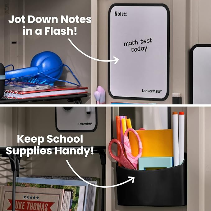 LockerMate 7-Piece Locker Organizer Kit, Includes Locker Shelf, Mirror, Whiteboard, Storage Cup & Dry Erase Marker - Black