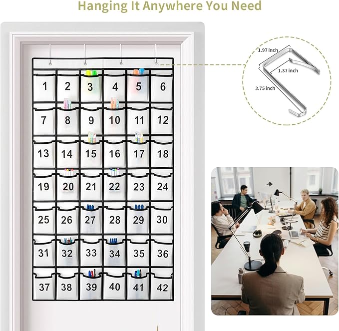42 Pockets Numbered Classroom Pocket Chart for Cell Phones, Hanging Pocket Chart Storage for Classroom Phone Calculator Holder with 4 Hooks and 42 Clear Numbers Printing (White-42pockets)