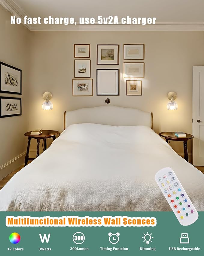 Vintage Battery Operated Wall Sconce with Clear Tulip Glass Lampshade 5000 mAh Rechargeable Battery Powered Wall Light with Remote Control for Bedside Bedroom Doorway, Set of 2