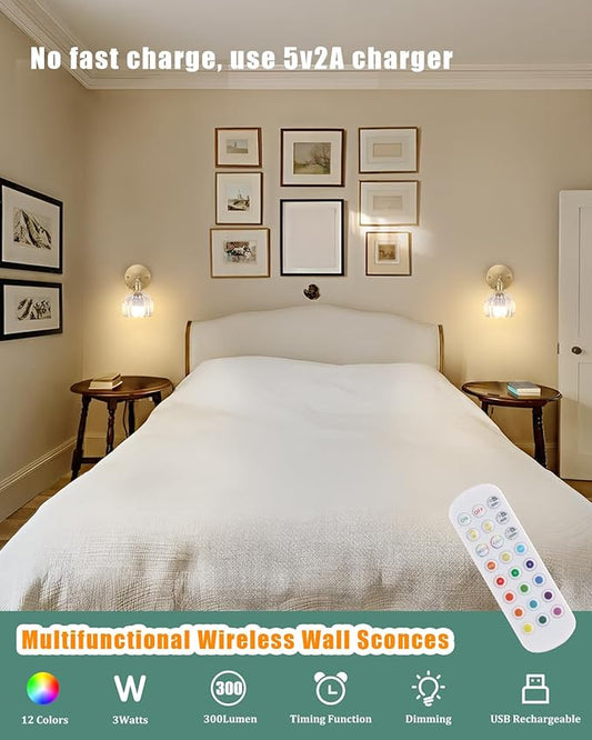 Vintage Battery Operated Wall Sconce with Clear Tulip Glass Lampshade 5000 mAh Rechargeable Battery Powered Wall Light with Remote Control for Bedside Bedroom Doorway, Set of 2