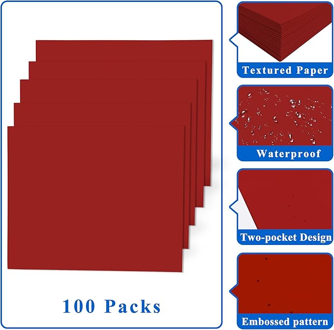 Zzrywuty 100 Packs Paper Folders with Pockets for Students,Businessmen and Office Workers,Letter Size,Two Pocket Folders with Card Slot for Office,Business,School Supplies (Red)