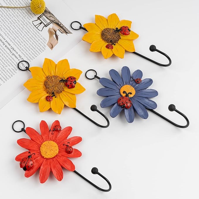 Notakia 8pcs Resin Daisy Flower Wall Hooks Decoration Hanging Coat Hooks Vintage Art Printing Iron Hook Key Hat Towel Wall Mounts Hooks Home Decor
