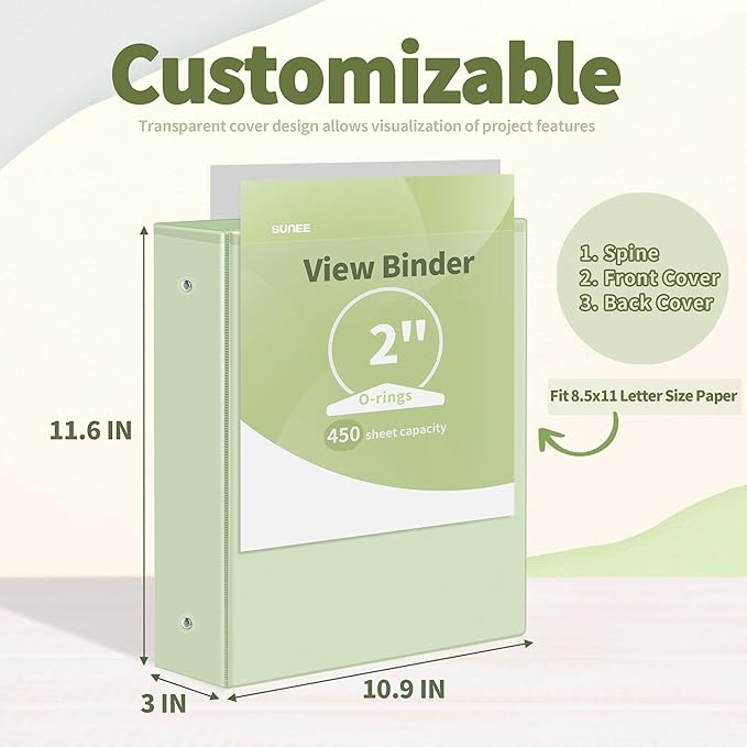 SUNEE 3 Ring Binder 2 Inch 2 Pack, Clear View Three Ring PVC-Free (Fit 8.5x11 Inches) for School or Office Supplies, Sage Green