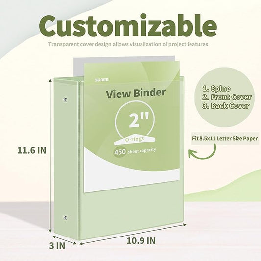 SUNEE 3 Ring Binder 2 Inch 2 Pack, Clear View Three Ring PVC-Free (Fit 8.5x11 Inches) for School or Office Supplies, Sage Green