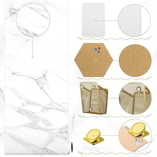Harloon 15 Pcs Locker Decoration and Organizer Kit Locker Wallpaper Magnetic Pen Holder and Mirror Whiteboard Marker Cork Board with 3 Push Pins 3 Magnetic Clip 6 Magnets(White Marble Texture)