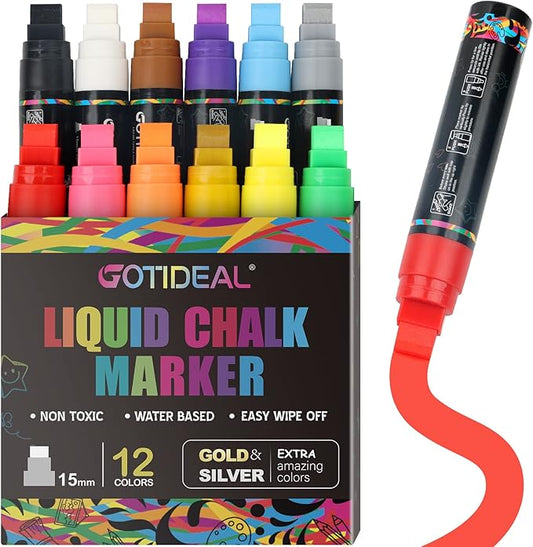 GOTIDEAL Window Markers, Jumbo Chalk Markers for Blackboard Erasable,Washable Car markers for Auto,Chalkboard,Glass,Mirrow,Calendar,Thick Tip12 Colors Car Paint Pens With Metallic Colors(15mm)