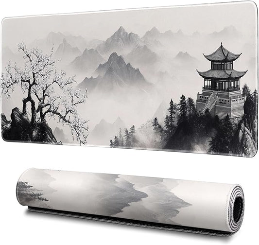 Pagoda Mouse Pad Abstract Cherry Blossom Watercolor Mouse Pad 31.5x11.8 Inch Texture Non-Slip Rubber Base Large Mousepad Stitched Edges Keyboard Mouse Mat Desk Pad for Office