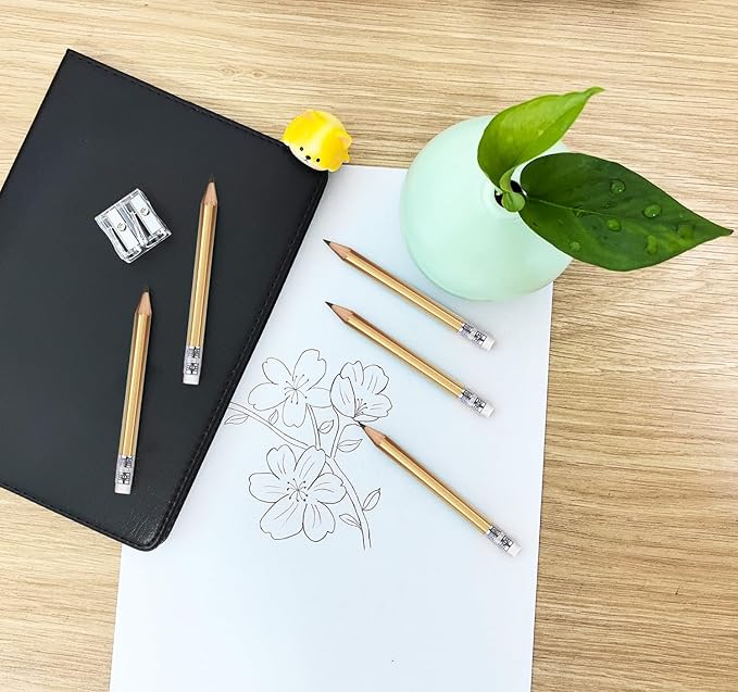 Adhere 50pcs Golf Pencils with eraser Hexagon Wooden Pencils Graphite 2B for Golf Event Scoring,Classroom,Wedding,Company Meetings,Pew, Pocket (z-Gold・Hexagon・50pcs)