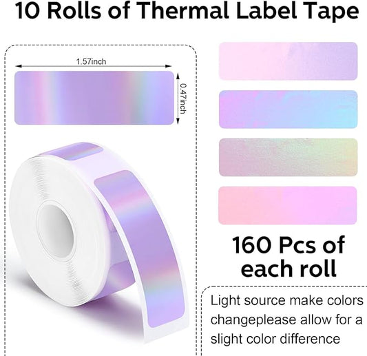 1600 Pcs Label Tapes 12 x 40 mm Laminated Stickers Replacement Compatible with D30 Portable Thermal Label Paper Printer Tapes for Office 160 Pcs/Roll (Holographic Purple)