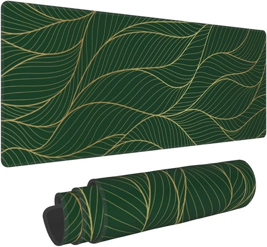 Xl Large Gaming Mouse Pad, Abstract Gold Line Art Full Desk Mousepad with Stitched, Long Non-Slip Base Keyboard Pad, PC Laptop Computer Mat Gifts for Women Office Decor, (Emerald Green, 31.5*11.8 In)