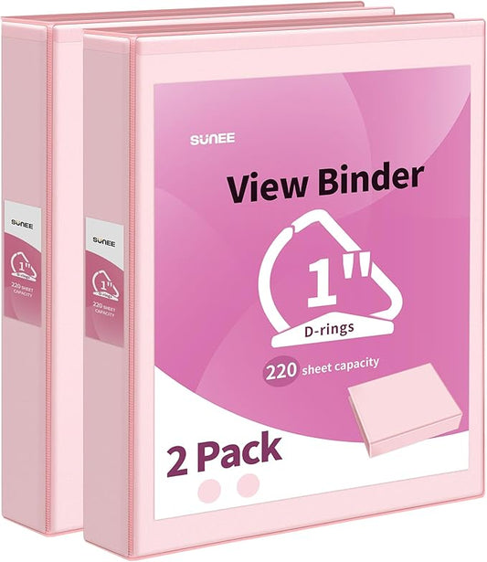 SUNEE 3 Ring Binder 1 Inch D Ring, Clear View Binder Three Ring PVC-Free (Fit 8.5x11 Inches) for School or Office Supplies, Pink, 2 Pack