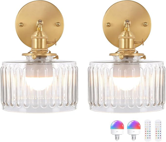 Vintage Battery Operated Wall Sconce with Clear Striped Glass Lampshade 5000 mAh Rechargeable Battery Powered Wall Light with Remote Control for Bedside Bedroom Doorway, Set of 2
