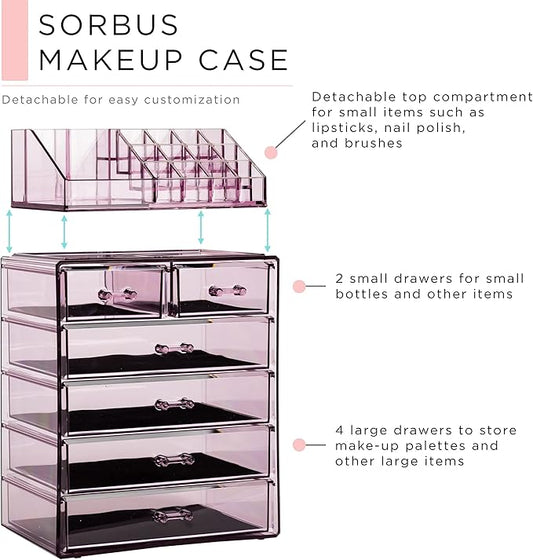 Sorbus Clear Cosmetic Makeup Organizer - Make Up & Jewelry Storage, Case & Display - Spacious Design - Great Holder for Dresser, Bathroom, Vanity & Countertop (4 Large, 2 Small Drawers) [Purple]