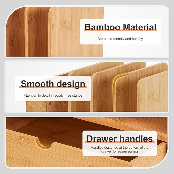 Homde Bamboo Desk Organizer with Drawer and File Holder, Office Organization for Desks with Adjustable Pen Holding, Desktop Letter Paper Tray Storage for Workplace Home School (Natural, M)