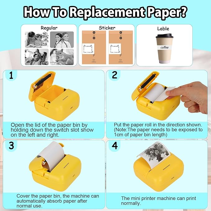 HuiJuKeJi Mini Sticker Printer Bluetooth Smart Pocket Inkless Thermal Printer with 11 Rolls Thermal Paper and Sticker for iOS&Android, Portable Receipt Printer for Photo Note Memo (Yellow)