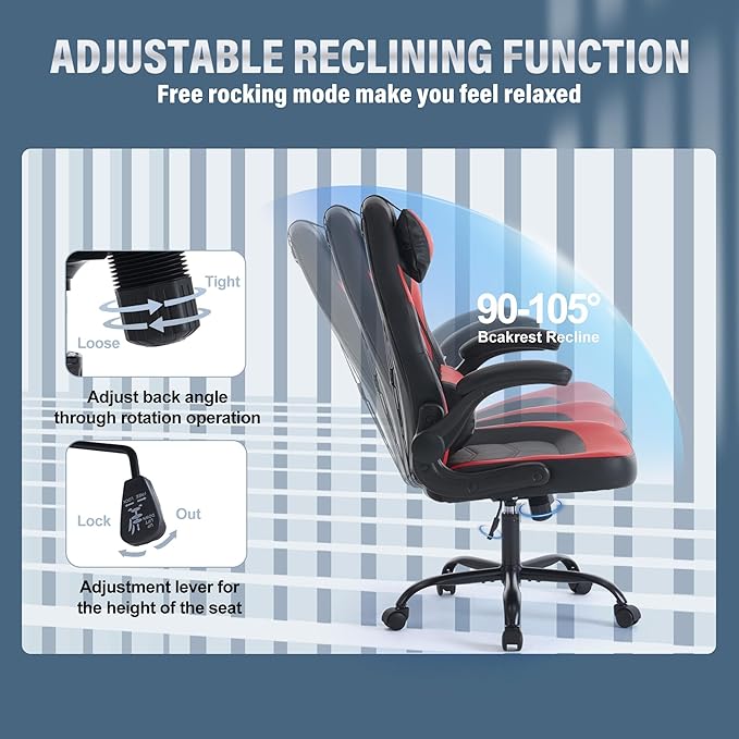 DUMOS Ergonomic Gaming Office Desk Chair with Flip-up Armrests for Adults, Height Adjustable PU Leather Video Game Computer Chair with 360° Rolling Wheels for Home and Office, Black Red