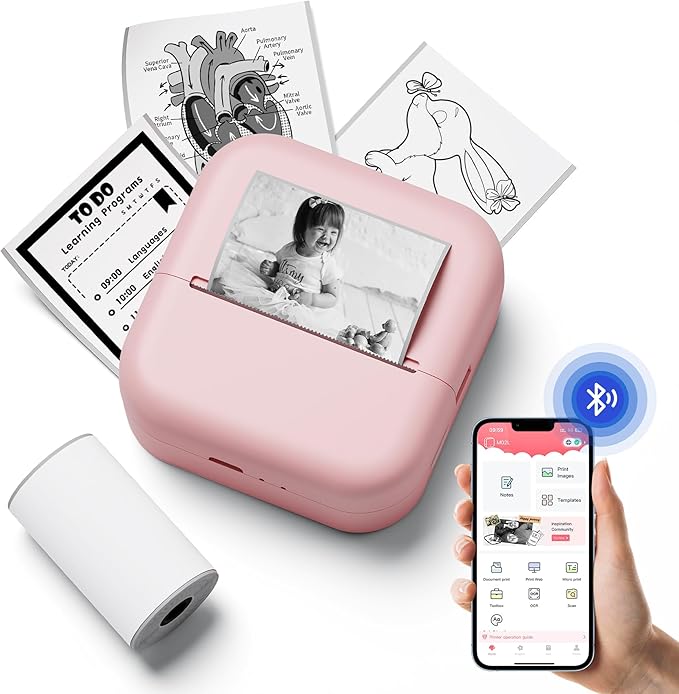 Inkless Sticker Printer, Print Pods Mini Printer Compatible with Phone & Tablet, Mini Sticker Printer with Stickers, M02L Portable Thermal Printer for Study Notes, Print Pictures & Photos, Journals