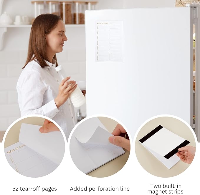 Matte Gold Foil Magnetic Meal Planning Pad for Fridge 52 Undated Tear-off Sheets, 6x9 Inch Meal Planner & Grocery List with Magnet, Weekly Meal Planner with Tear Off Shopping List
