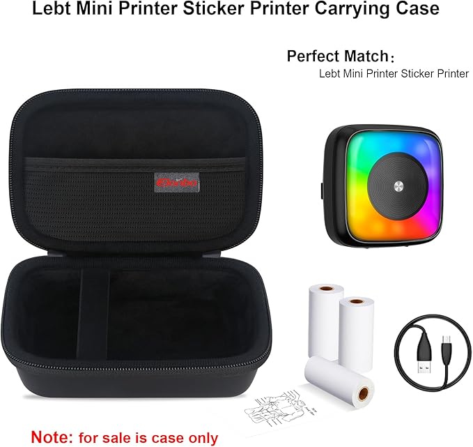 Elonbo Carrying Case for Lebt Mini Sticker Pocket Printer, Portable Thermal Label Printer Travel Bag, Label Maker Machine Storage Holder, Mesh Pocket Fits Label Paper Rolls Tape, Black