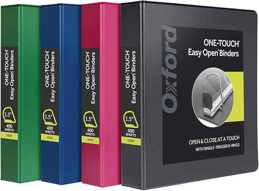 Oxford 3 Ring Binders, Binders for School, 1.5 Inch ONE-Touch Easy Open D Rings, 3-Sided View Binder Covers, Xtralife Hinge, Non-Stick, PVC-Free, Assorted Colors, 375-Sheet Capacity, 4 Pack (79907)