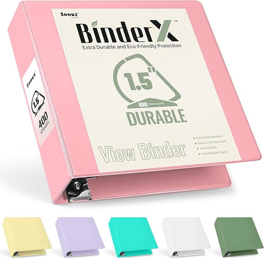 Sooez BinderX Extra Durable 1.5 Inch 3 Ring Binder, D-Ring Large Binder, Holds 400 Sheets of 8.5x11 Paper, Customizable View Cover with Inside Pockets, Heavy Duty 3 Ring Binder for School, Pink