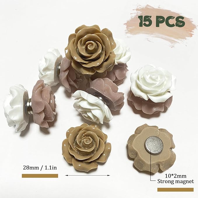 15 pcs - Cute Flower Magnets - Rose Magnets for Office Whiteboard, Locker & Decoration (15 pcs - Rose - caffee)