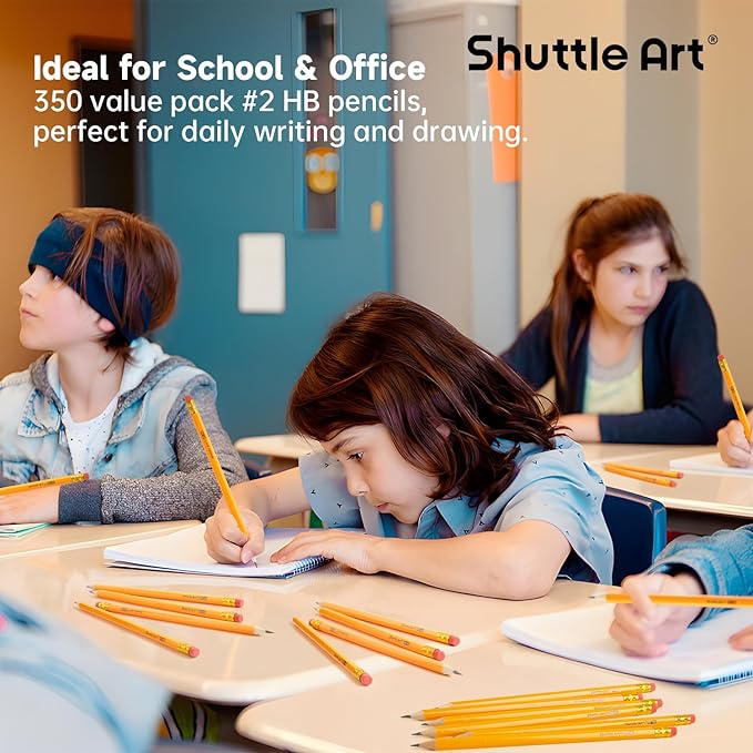 Shuttle Art Wood-Cased #2 HB Pencils, 350 Pack Sharpened Yellow Pencils with Erasers, Bulk Pack Graphite Pencils for School and Teacher Supplies, Writing, Drawing and Sketching