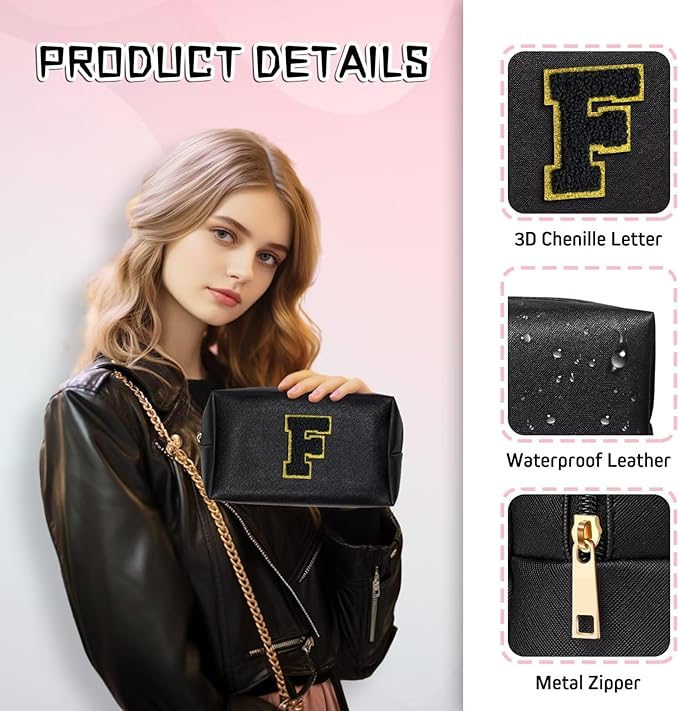 TOPEAST Preppy Stuff for Girls, Initial Makeup Bag Chenille Letter Pouch Cosmetic Bag with Zipper, PU Leather Waterproof Toiletry Bag, Cute Stuff Birthday Gift for Friends Sister (Black T)