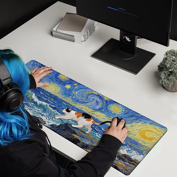 Cute Calico Cat Surfing Mouse Pad, Starry Night Style Mousepad - Large Non-Slip Desk Mat for Office, PC, Laptop - 31.5"x11.8" x 3mm