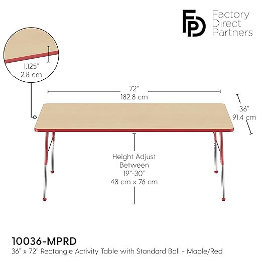 FDP Rectangle Activity School and Office Table (36 x 72 inch), Standard Legs with Ball Glides, Adjustable Height 19-30 inches - Maple Top and Red Edge