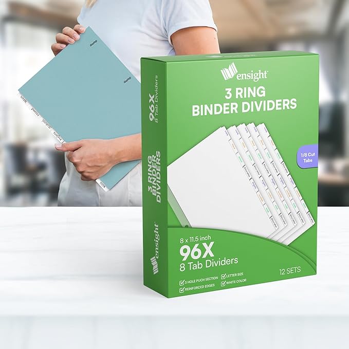 Ensight 3 Ring Page Dividers Bulk, 1/8 Cut Tab Dividers - 96 Per Box Divider Pages with Tabs, Decorative Printable Rewritable Divider Tabs, Exhibit Tab Dividers for 3 Ring Binders Bulk