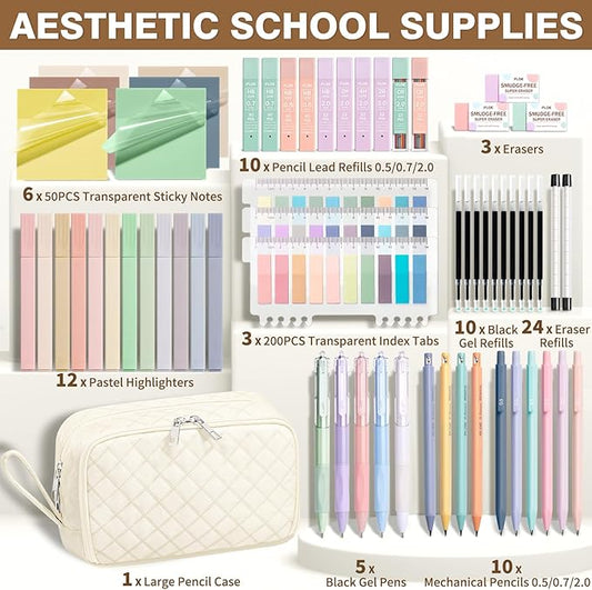 62PCS Aesthetic School Supplies with Cute Pencil Case, Pastel Highlighters Black Ink Gel Pens Mechanical Pencils Kit, Back to School Supplies College Essentials Preppy Stationary Set for Student Girls