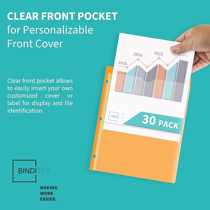 Binditek 30 Pack Heavyduty Plastic Folders with Clear Front Pockets, 2-Pocket Folders with Card Slot, 3 Hole Punched for Letter Size, for 3 Ring Binder, 6 Assorted Colors