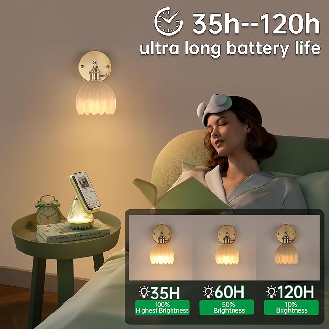 Vintage 5000 mAh Battery Operated Wall Sconce with Cream Tulip Glass Lampshade Rechargeable Battery Powered Wall Light with Remote Control for Bedroom Doorway, Set of 2