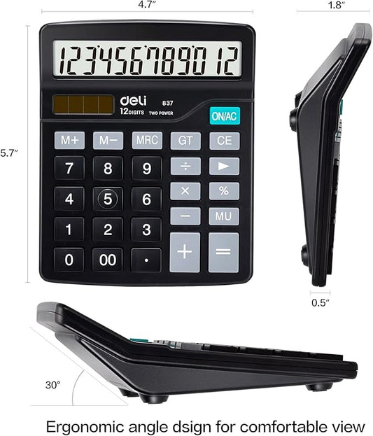 Calculator, Deli Standard Function Desktop Calculators with 12 Digit Large LCD Display and Sensitive Button, Solar Battery Dual Power Office Calculator, Black