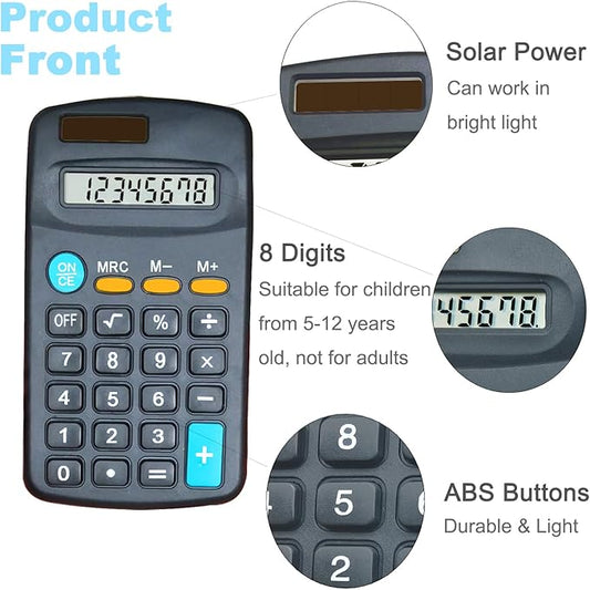 Basic Calculators for Students, Basic Calculator with Dual Power 8 Digit Small Pocket Size Handheld for Classroom Desktop Home (Black,Set of 5)