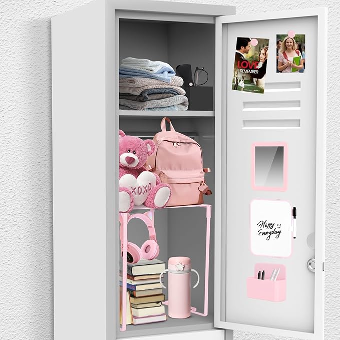 Locker Organizer and Accessories Kit, Includes Metal Locker Shelf, Magnetic Mirror, Pen Holder, Whiteboard, Markers, Magnets, Back to School Essentials Locker Decorations,Office,Gym Lockers (Pink)