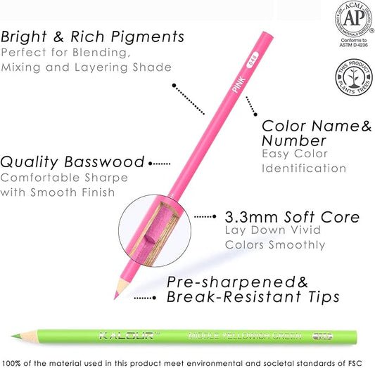 KALOUR 180 Colored Pencil Set for Adults Artists - Rich Pigment Soft Core -12 Metallic Pencil - Ideal for Coloring Drawing Sketching Shading Blending - Vibrant Color（Tin Case）